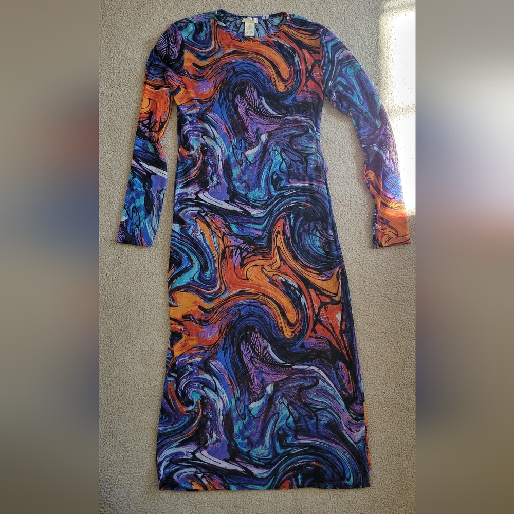 NYC Women's medium long sleeve wearable art see-through maxi dress slit on side.
